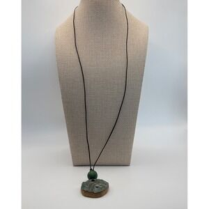 Artisan Ceramic Pendant Necklace Teal Blue Geometric Pottery Black Cord Boho